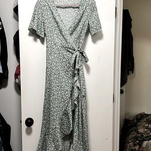 Green floral ruffle wrap dress